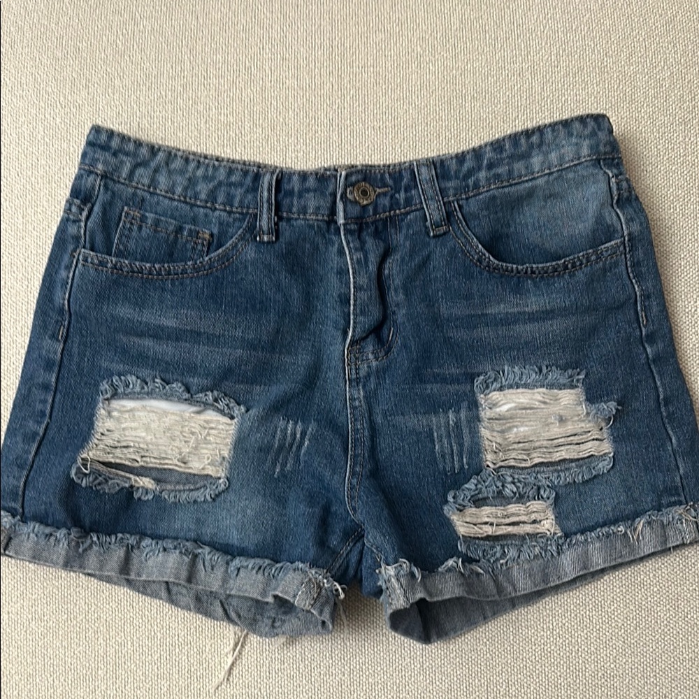 Blue Distressed Jean Shorts with Frayed Hem
